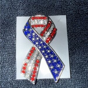 Patriotic Ribbon Brooch with Red, White, and Blue Crystals